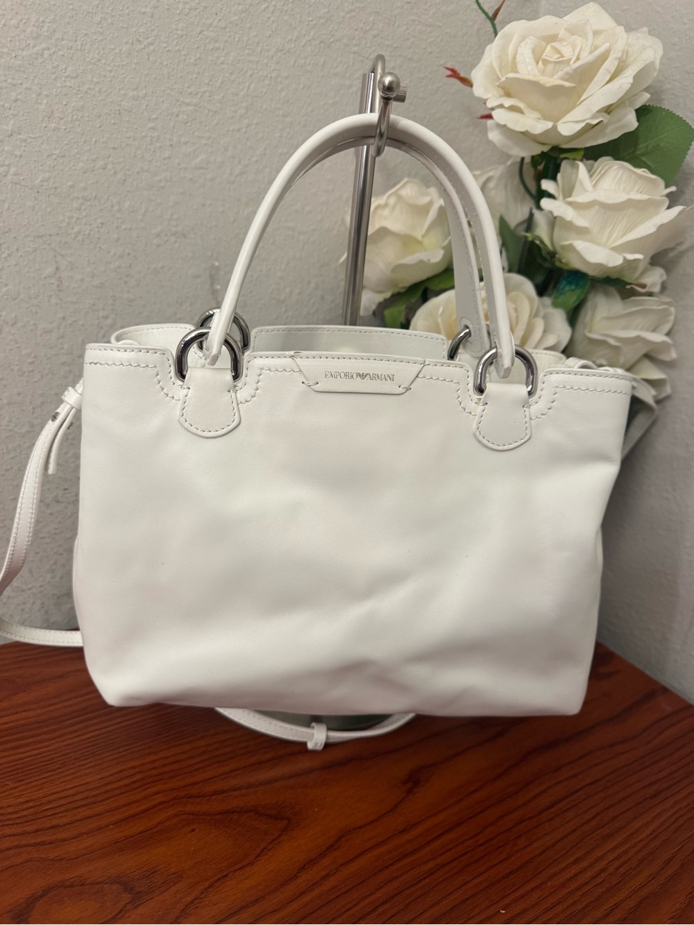 Emporio Armani White Leather Satchel with Top Handles